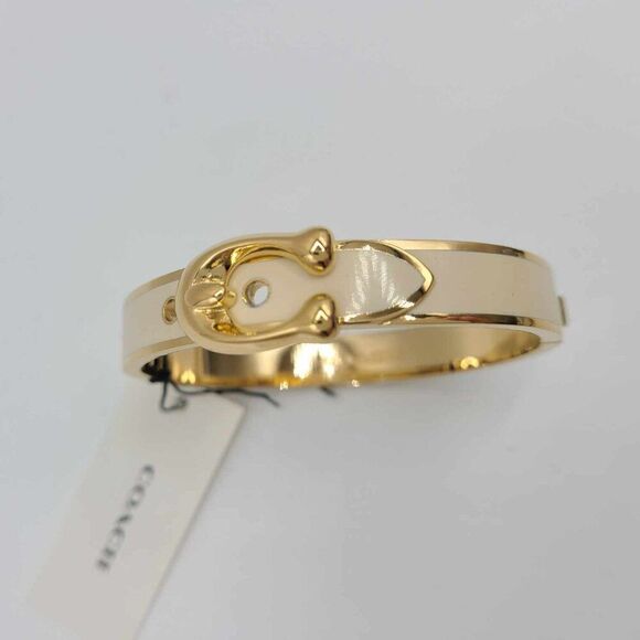 Coach Buckle Gold White Enamel Hinge Bangle Bracelet NWT!  NEW! - Picture 1 of 10
